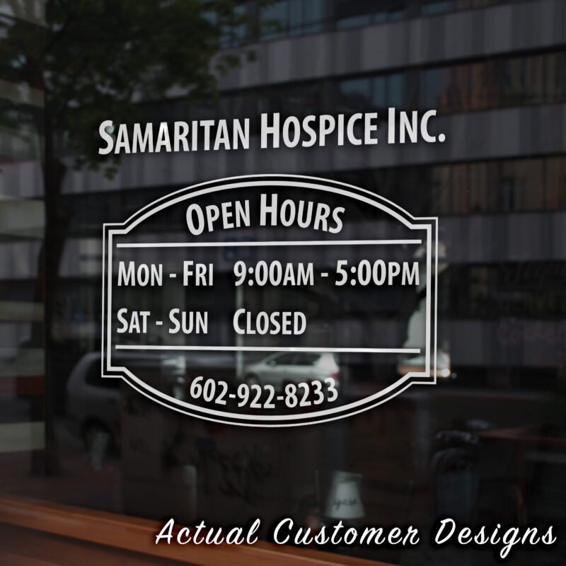 Storefront open hours decal with business name, phone number, and website