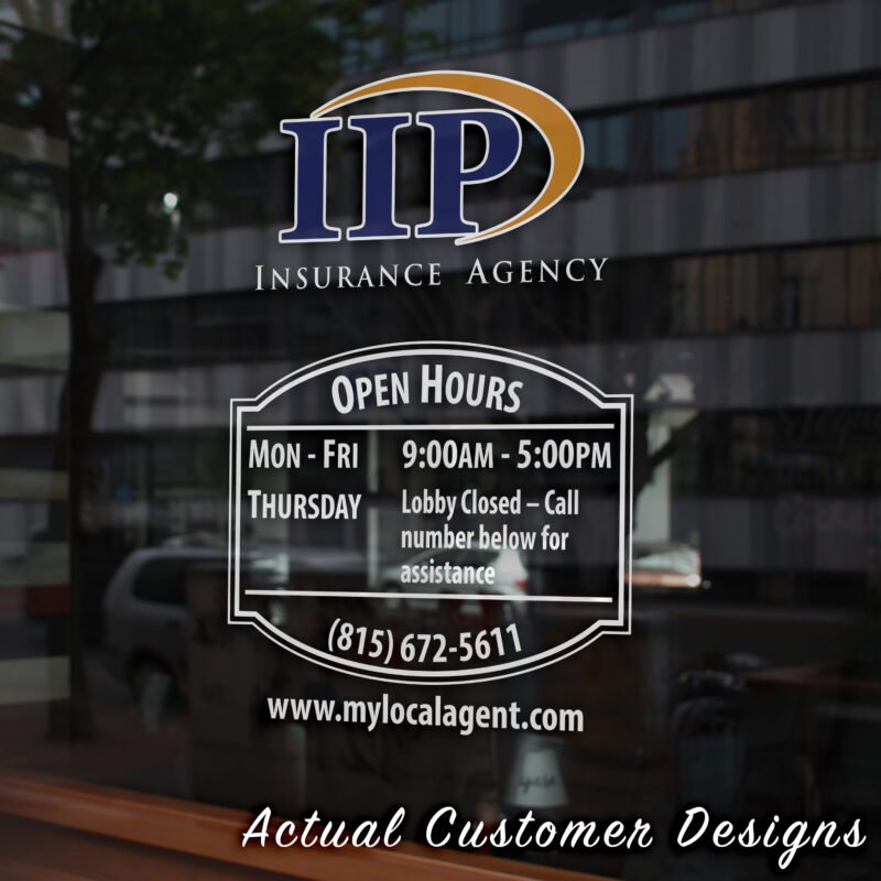 Storefront open hours decal with business name, phone number, and website