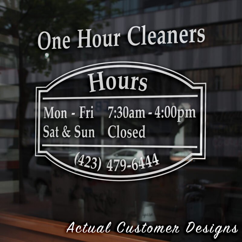 Storefront open hours decal with business name, phone number, and website